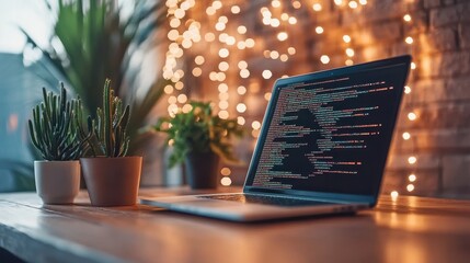 Laptop displays colored code on a wooden table near plants and blurred lights in a cozy indoor setting at night