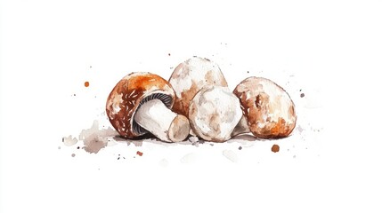 Watercolor Edible Mushrooms: Four Types on Clean White Surface