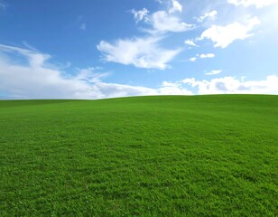 Fototapeta premium Rolling green field under a vibrant blue sky with fluffy white clouds