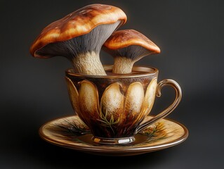 Fungi friends nestled in a vintage teacup a whimsical autumnal arrangement still life with dark