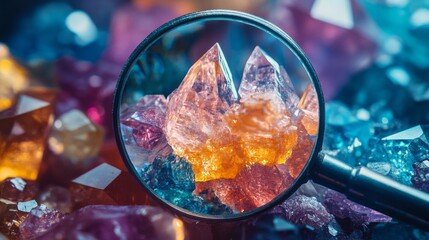 Magnified view of colorful methamphetamine crystals emphasizes their complex structure and dazzling colors. The various shades highlight the unique qualities of the crystals