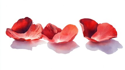 Watercolor Rose Petals: Four Scattered Red Petals on White