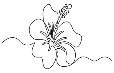 Hibiscus flower in one continuous line art drawing style. Floral abstract symbol in simple linear style. Minimalist black line sketch isolated on white background. Vector illustration.