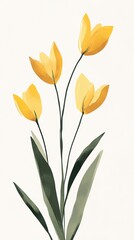 Gouache Art: Four Yellow Tulip Flowers on Clean White Surface