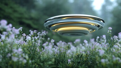 Glowing spaceship hovering above vibrant wildflowers in a serene forest clearing, exploring the mysteries of nature and searching for signs of life on a foggy morning