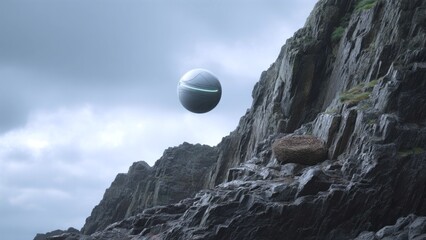 Luminous spherical spacecraft floating above jagged rocky terrain, emitting ethereal radiance across barren landscape beneath turbulent, dark cloudscape