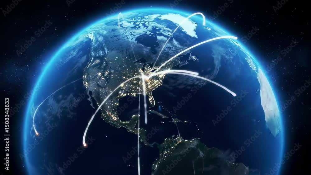 Poster earth from space with glowing network lines, global connectivity and communication network, digital 