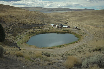Rustic fishing village nestled near a serene reservoir with natural landscape and clear blue skies