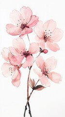 Gouache Painting: Six Pink Cherry Blossoms on White Background