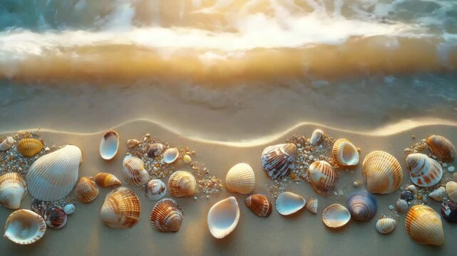 Summer beach scene with seashells and sand as a background