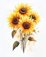 Gouache Art: Five Yellow Sunflower Centers on White Background