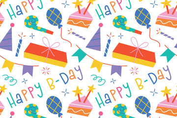 Seamless birthday pattern. Hand lettering happy b-day, cake with candles, party poppers, balloons, confetti. Cartoon vector illustrations. Kids wrapping paper, party decor, greeting cards, posters