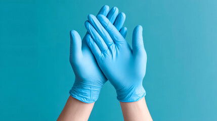 Obraz premium Two hands in azure gloves poised in applause, symbolizing Hygienic Ritual Day and the quirky Festivus of Cleanliness