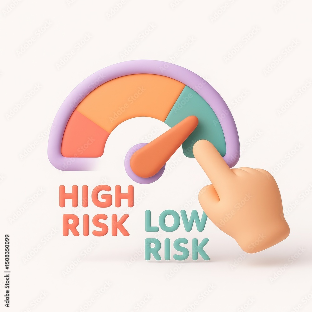Poster 3d render of a pastel-colored risk assessment meter with hand pointer