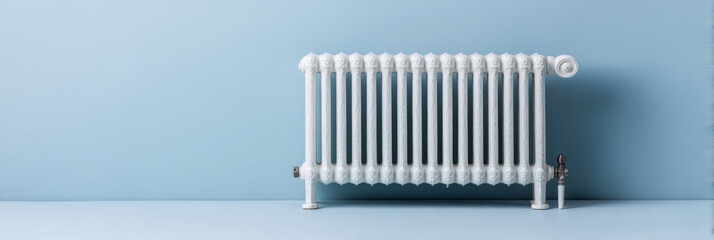 A vintage radiator against serene sky-blue walls invites cozy warmth, ideal for Hygge celebrations and Radiator Day musings