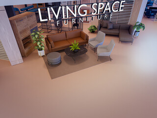 Sofas and chairs in living space. 3d rendering of furniture store.