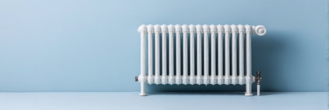 A vintage radiator against serene sky-blue walls invites cozy warmth, ideal for Hygge celebrations and Radiator Day musings