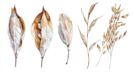 Watercolor Art: Five Dried Seed Pods with Grains on White