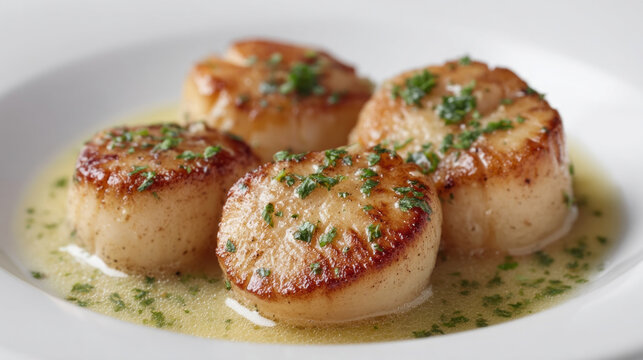 Golden sea-scallops basking in herbed beurre blanc, perfect for coastal gastronomy celebrations or a refined Neptunalia feast