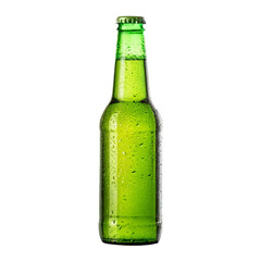 cold beer bottle green glass white background isolated beverage alcohol drink water droplets condensation refreshing
