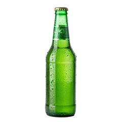 green glass beer bottle isolated white background cold beverage alcohol drink condensation water drops refreshing
