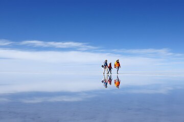 Mirage over salt flats showing vivid reflections and minimalist blue sky.
