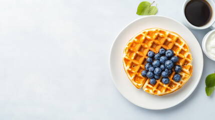 Golden waffle crowned with succulent blueberries, embodying Blueberry Festival vibes, whispers breakfast nostalgia and sunlit kitchen tranquility
