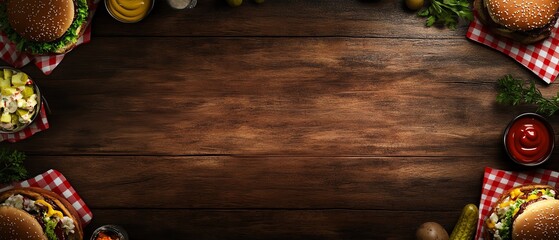 Delicious burgers on a wooden table setup.