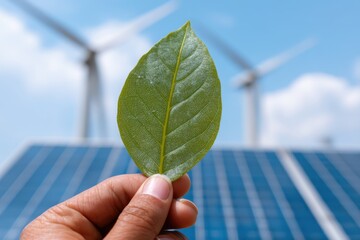 Hand holding green leaf with solar panels and wind turbines generating clean energy
