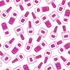 Stylish hand-drawn nail polish bottle seamless pattern. Hand-drawn seamless design for beauty and fashion projects.