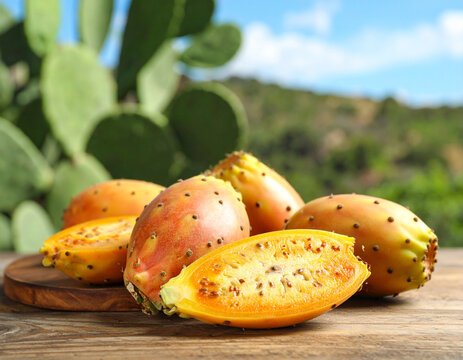 Opuntia fruits on a wooden table