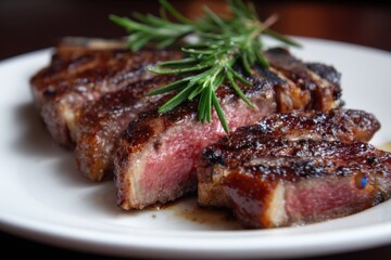 Sizzling Medium-rare Steak with Rosemary on White Plate