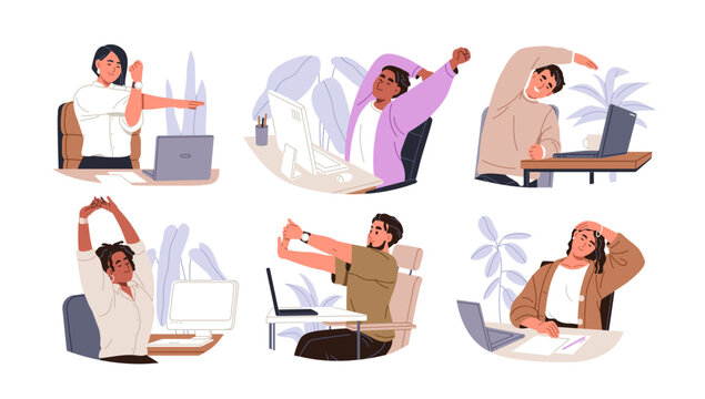 Office workers stretching, exercising at work desk set. Healthy people in chairs at computer tables, workplaces, break for neck, back pain relief. Flat vector illustration isolated on white background