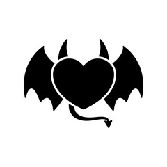 Heart with devil horns, tail and wings. Vector illustration and black silhouette.