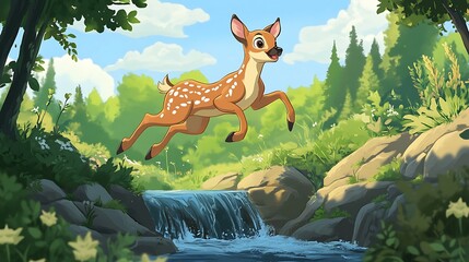 A leaping fawn in a lush forest scene beside a small waterfall.