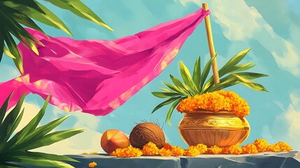 Vibrant depiction of a floral offering with a pink cloth.