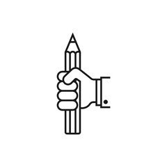 Hand holding a pencil. Vector icon. A hand clenches a large pencil in a fist. Illustration and drawing on white background.