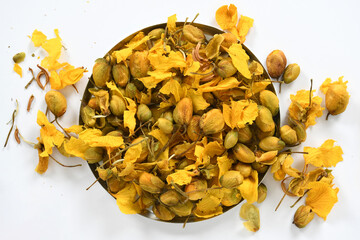 High-resolution image of dried organic Ranawara flowers, Cassia Auriculata or Ranawara Mal,...