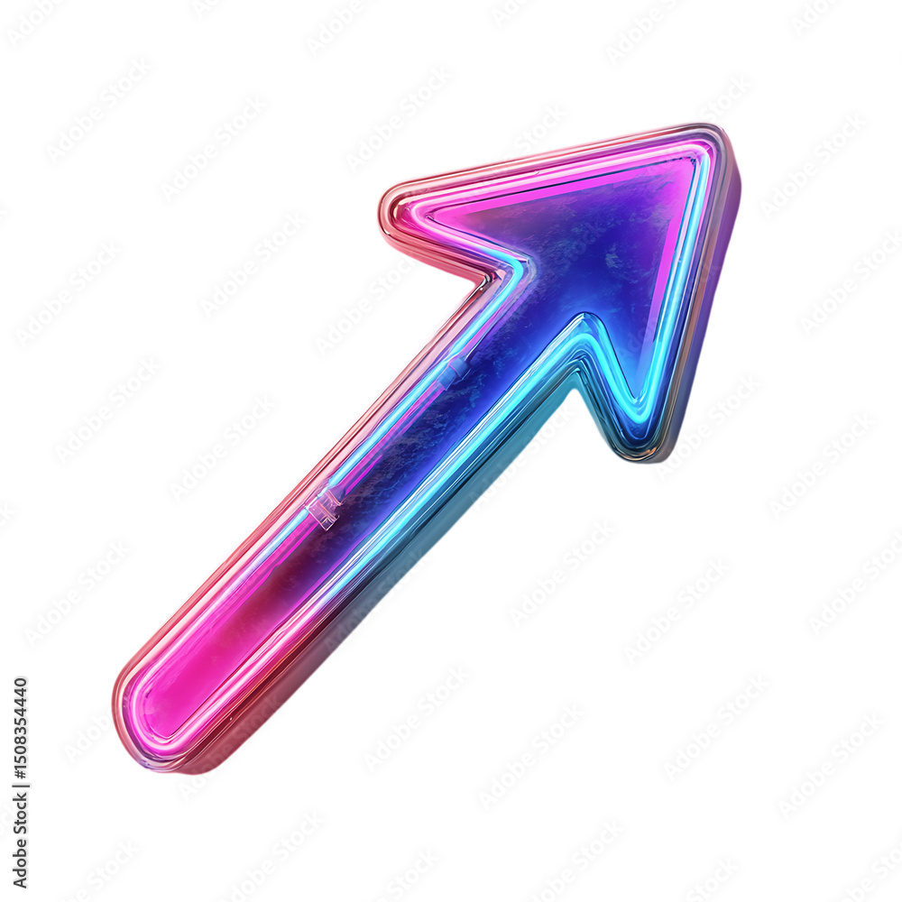 Poster illuminated neon arrow pointing upward on a transparent background