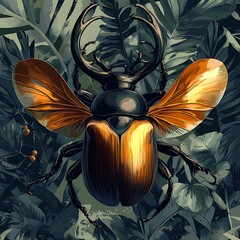 Detailed illustration of a beetle with elaborate wings and antennae.
