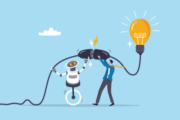 AI Artificial Intelligence support to business success, innovation or technology to get new idea, robot or automation for business concept, businessman plug in lightbulb with robot to work together.