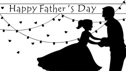 &ldquo;Silhouette illustration of a father and daughter dancing together on a pier under string lights, with her dress flowing and his smile visible in profile. Heart confetti subtly falling around them. &lsquo;H