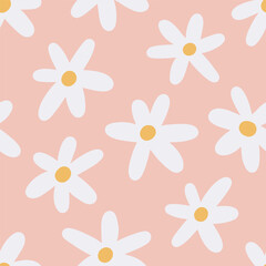 Daisy pattern, seamless floral print. Groovy retro design style, chamomile flowers, endless background, repeating trippy texture for summer fabric, textile, wrapping. Flat vector illustration.