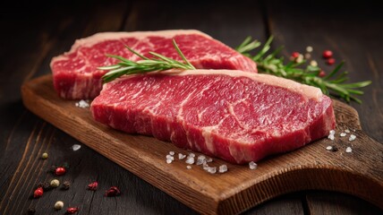 Fototapeta premium Two fresh cuts of beef steak on a wooden board garnished with rosemary and sea salt.
