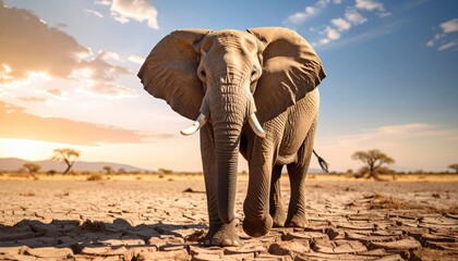 Fototapeta premium Majestic African elephant standing on cracked earth, illuminated by sunset, showcasing natural habitat in dry savanna landscape