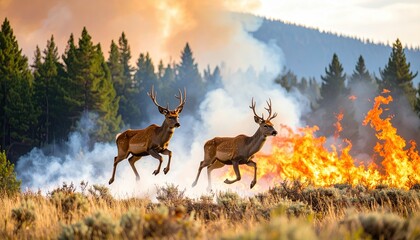 Fototapeta premium Two male deer running in a smoky landscape near a wildfire, surrounded by lush trees and dramatic skies