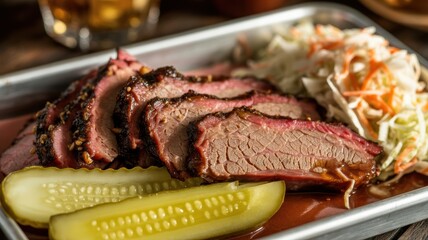 Juicy barbecue brisket with pickles and coleslaw on metal tray