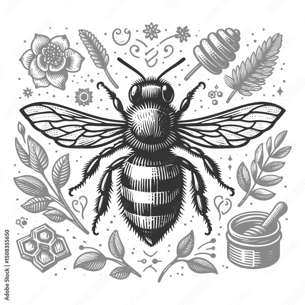 Poster bee honeybee, intricate linework and detailed wing patterns in classic engraving style sketch engrav