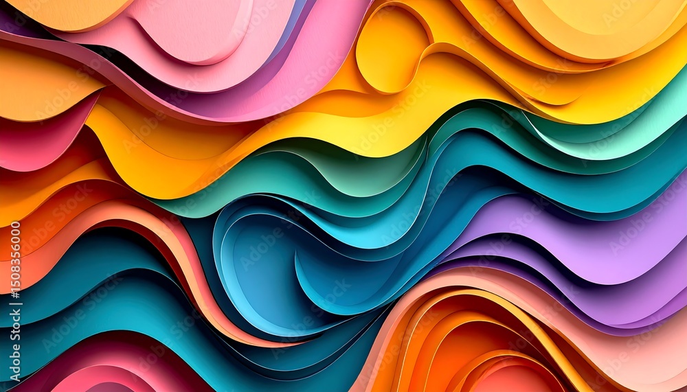 Poster vibrant abstract layered papercut design colorful waves and swirls in flat vector style