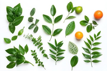 Variety of Green Leaves and Fresh Fruits on White Background © saiful4613